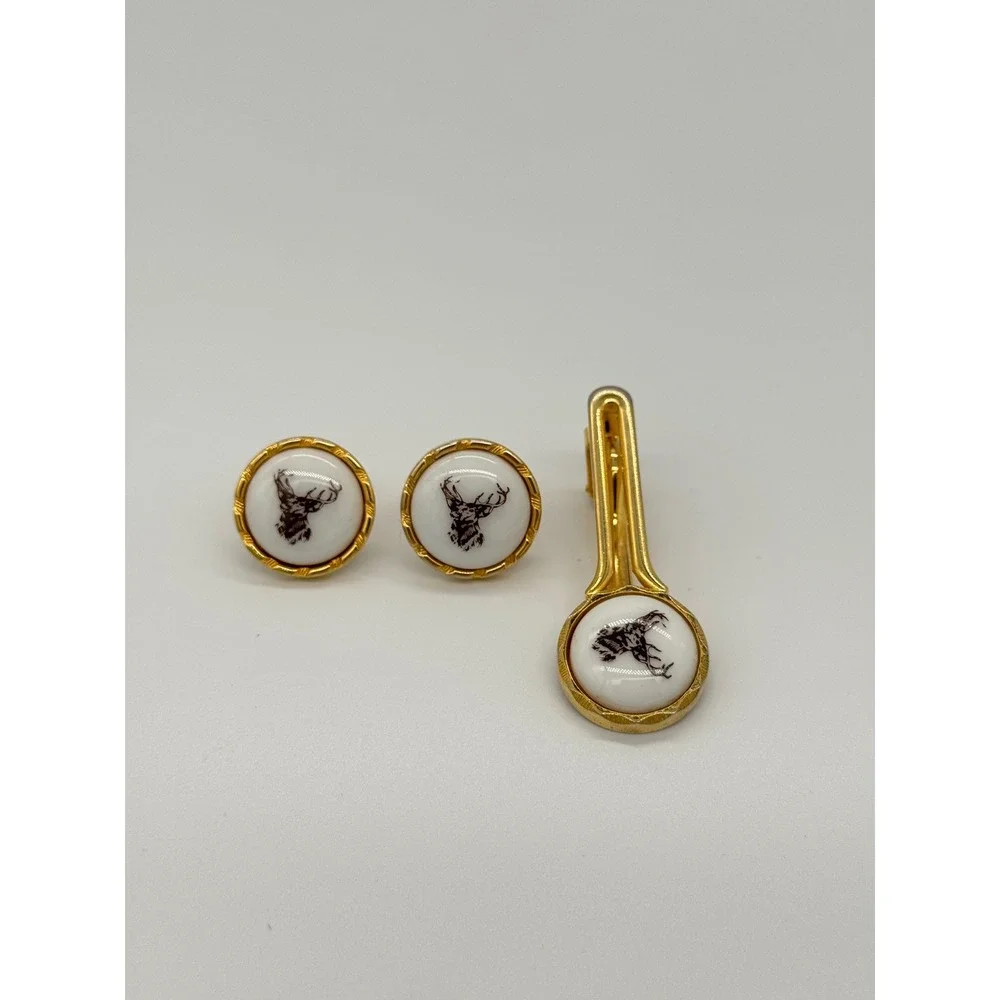 Vintage stag deer cufflinks for hunters Mens Gold‎ Tone Tie Clip Set Japan